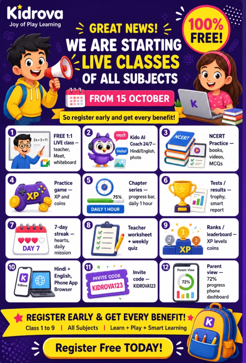 Kidrova — GREAT NEWS! LIVE classes of all subjects from 15 October, 100% free. Register Free TODAY.